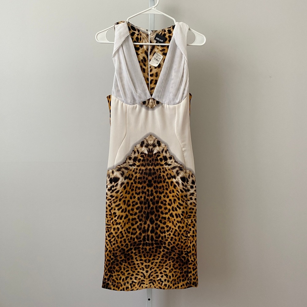 Just Cavalli MobWife Office Siren Animal Print Pleated V-Neck Dress 42 Tan